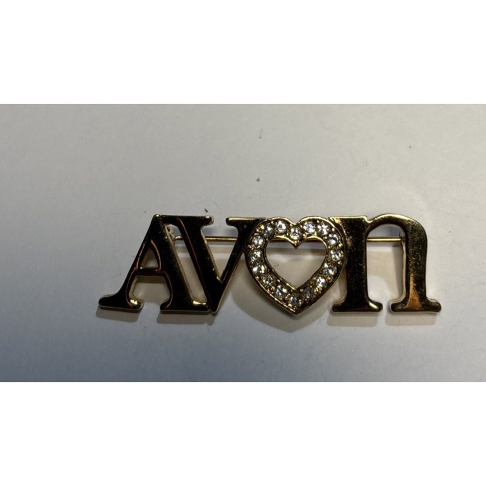 Avon Word Letters Crystal Rhinestone Heart Center Gold Tone Metal Pin Brooch